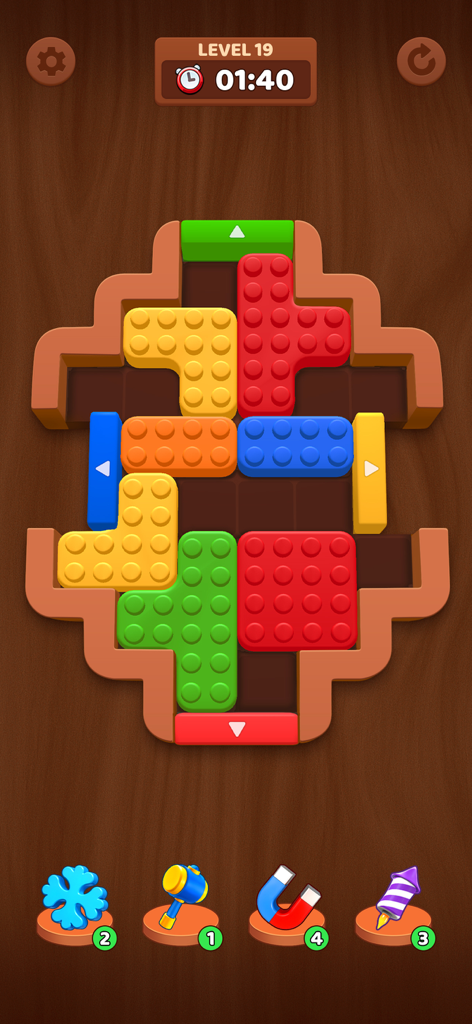 Color Block Puzzle: 3D Jam - Gameplay screen of Color Block Puzzle 3D Jam featuring colorful 3D blocks on a wooden board with power-up icons and timer UI