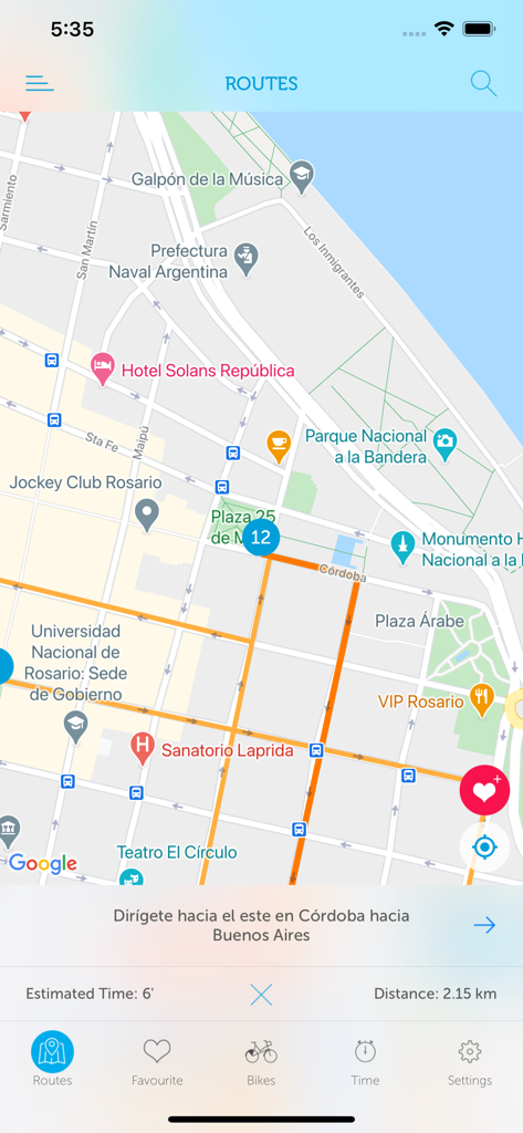 Mi bici tu bici - Map view of a bike route in the Mi bici tu bici app showing estimated time and distance
