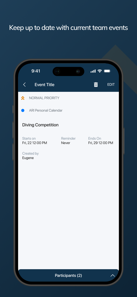 ARI Athletics mobile app screen displaying details for a team diving competition event with dates and priority level