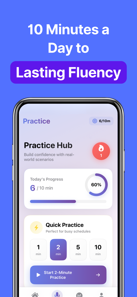 Accent AI: Pronunciation Coach - Interface do Accent AI Practice Hub exibindo progresso diário e opções de sessão de prática rápida.