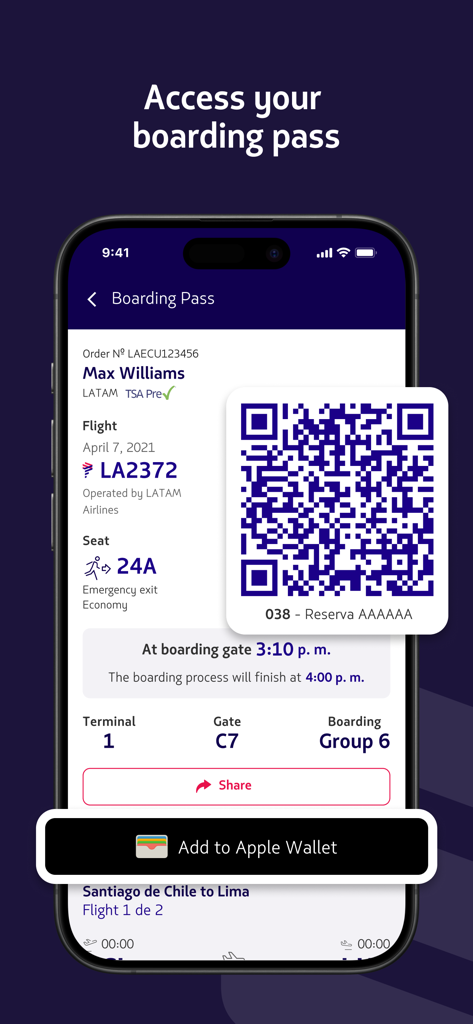 LATAM: Flights, Hotels, Cars - Digital flight boarding pass on the LATAM app featuring a QR code and an option to add to Apple Wallet.