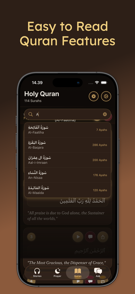 Qissah Stories Your AI Buddy - A smartphone screen showing the Qissah app Quran section with a search bar and a list of chapters.