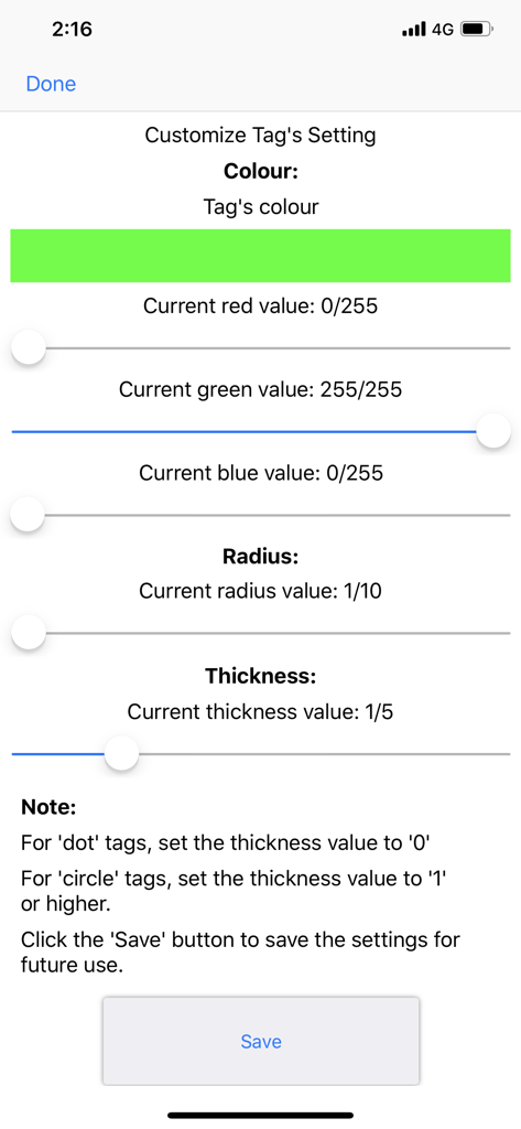 APD Colony Counter App Lite - Oberfläche zur Anpassung der Farbe von Koloniemarkierungen mithilfe von RGB-Schiebereglern sowie Radius- und Dicken-Einstellungen.