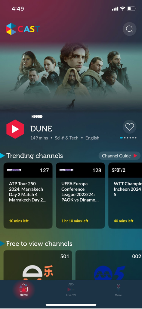 Singtel Cast mobile application home interface featuring the movie Dune and trending sports channels