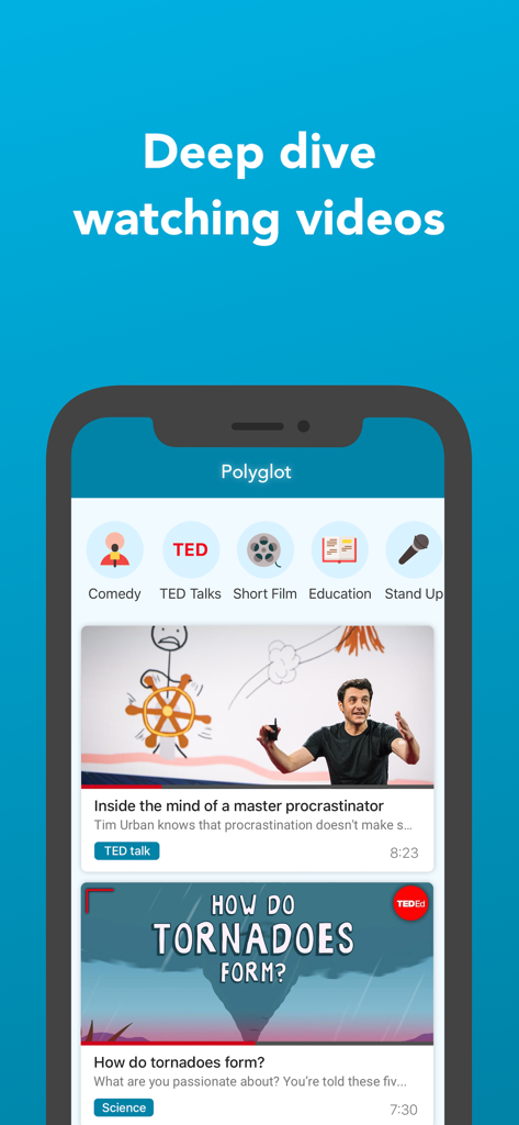 Polyglot - Master Languages - Interfaz de la aplicación Polyglot mostrando categorías de video y lecciones para la inmersión lingüística