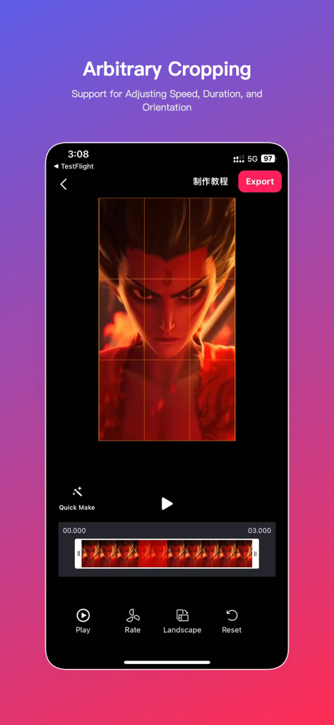 Smartphone screen showing the arbitrary cropping feature in the Live Photo maker app with an anime character video