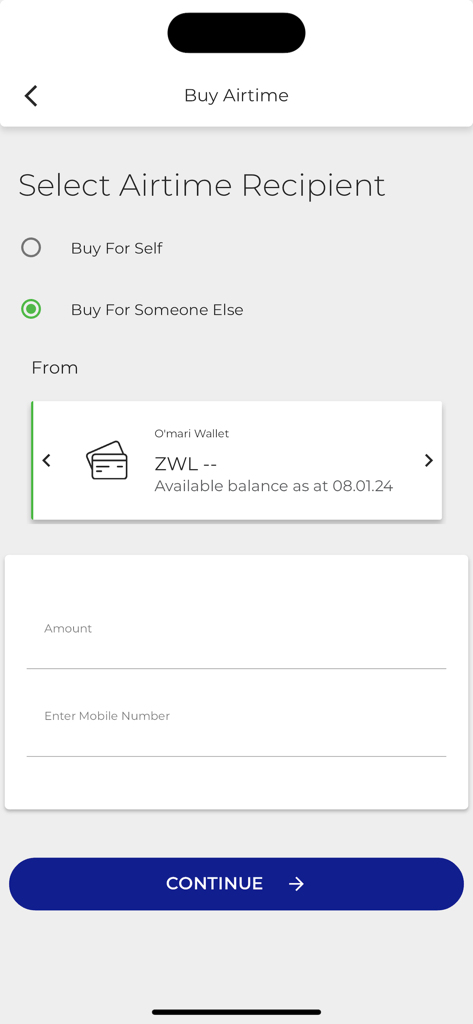 O'mari - Omari app screen to buy mobile airtime for others in Zimbabwe
