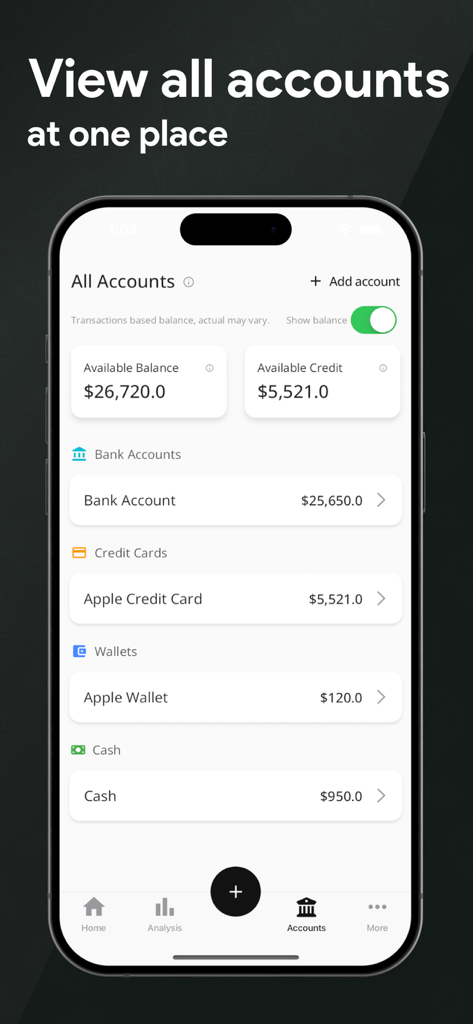Expense Manager & Budgeting - 銀行口座、クレジットカード、ウォレット、現金の残高を示す全アカウント画面を表示する経費マネージャーアプリのスクリーンショット