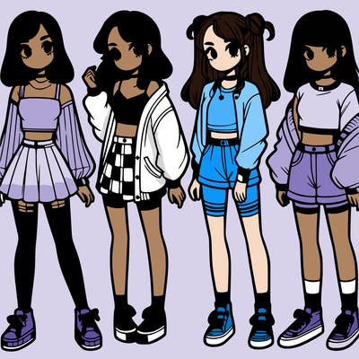 one girl with crop-top shirt and a jacket with a skirt, long socks and another girl with a shirt and pants with a jacket