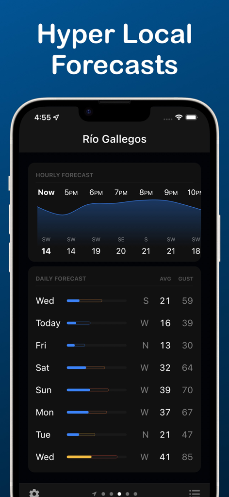 Windometer: Wind Speed Tracker - Windometer 모바일 앱 화면은 시간별 및 일별 풍속 및 돌풍 예측을 보여줍니다.