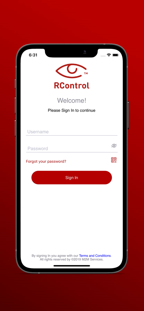 RControl - Pantalla de inicio de sesión de la aplicación móvil RControl para la gestión remota del sistema de alarma