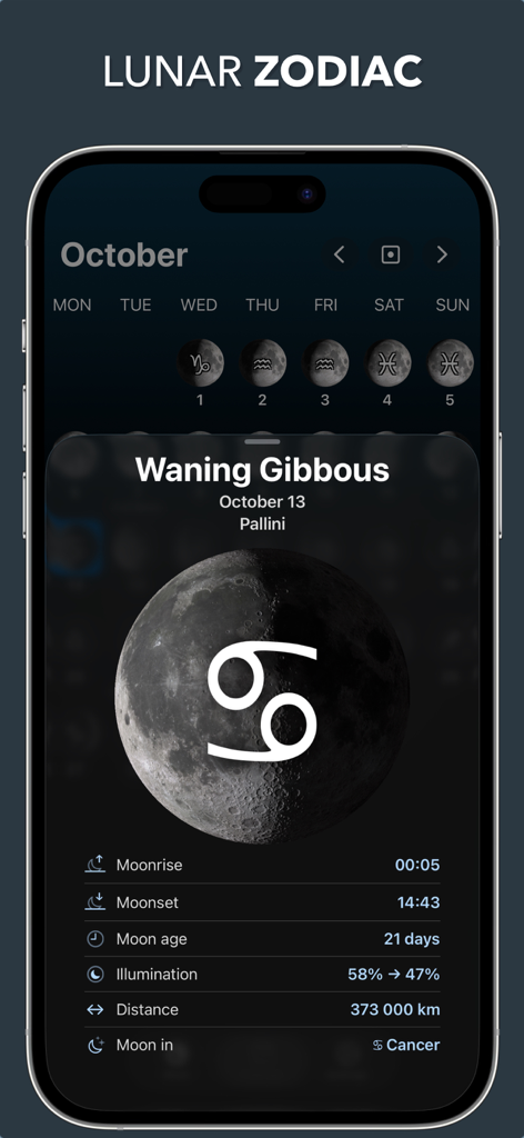 Pantalla de la aplicación Lunar mostrando detalles de la fase lunar y el signo zodiacal para octubre