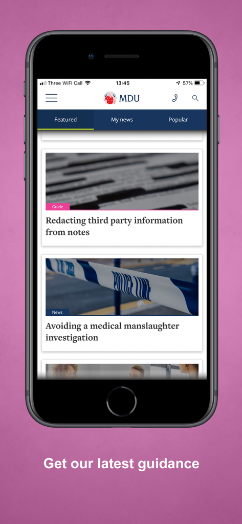MDU - Interface do aplicativo MDU mostrando artigos em destaque sobre aconselhamento e orientação médico-legal para médicos