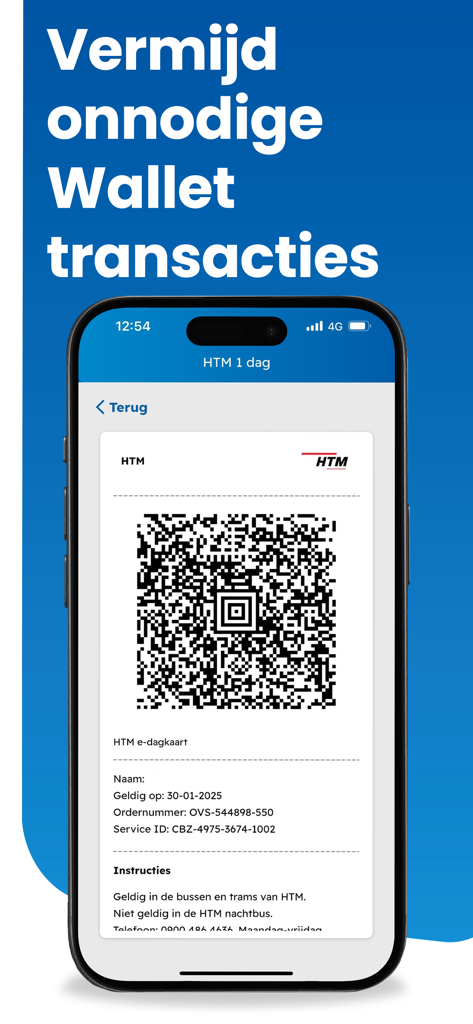 OV-app - Smartphone screen showing a Dutch HTM day ticket with a QR code in the OV-app