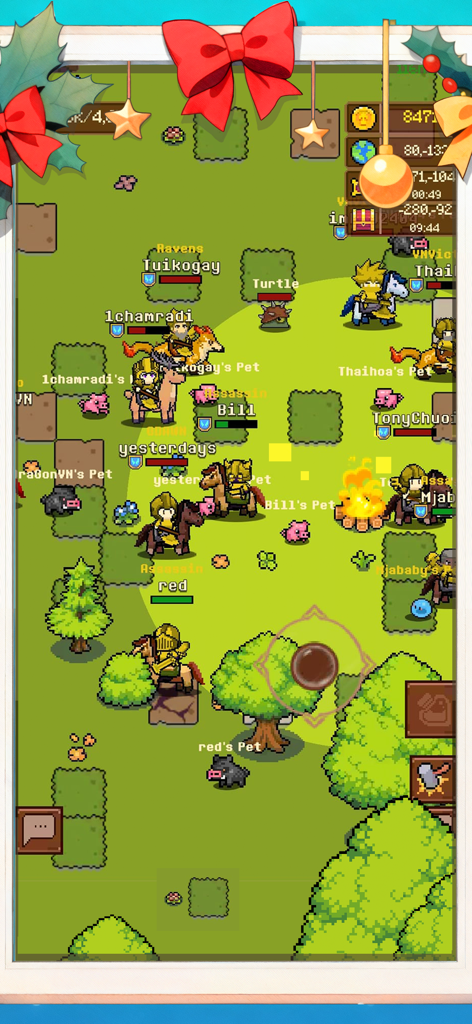 Treasure Hunter - Survival - 2D pixel art gameplay showing multiple players on mounts with pets in a forest village area