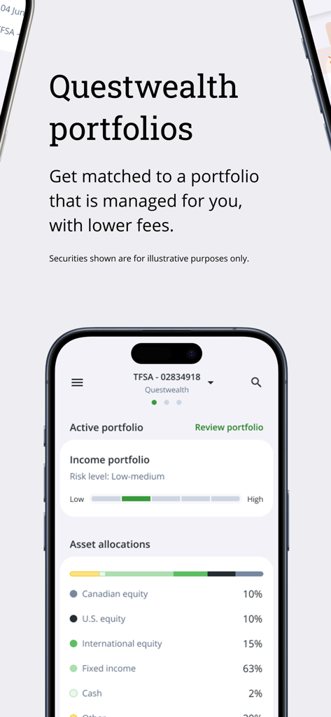 QuestMobile app interface showing Questwealth managed portfolios and asset allocation breakdown.