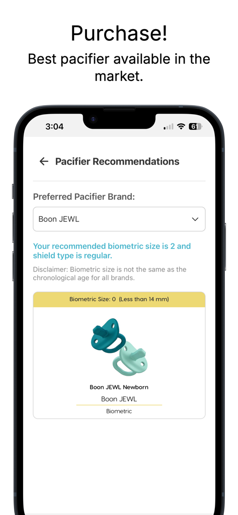 Pacified app screen displaying personalized pacifier recommendations based on biometric measurements