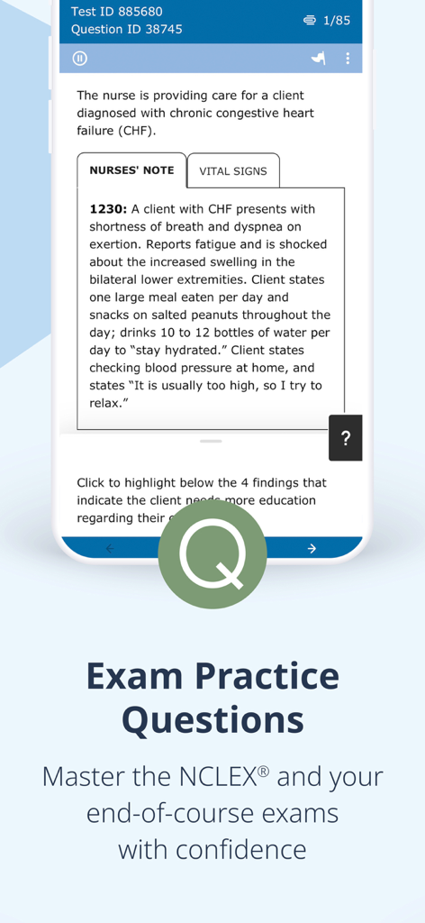 Écran d'application mobile montrant une question d'entraînement interactive du NCLEX pour les étudiants en soins infirmiers.