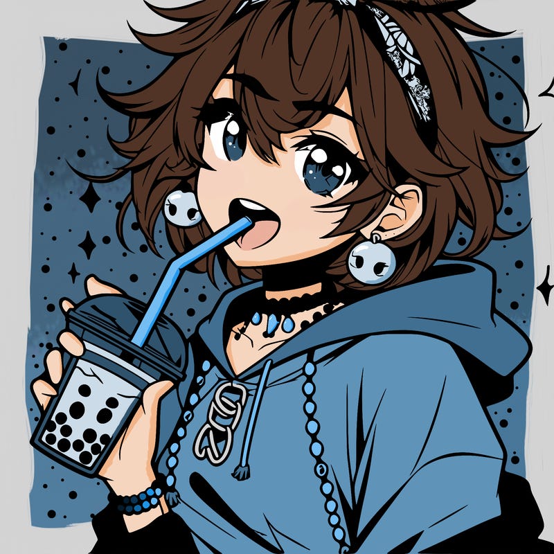 hot baddie anime girl drinking boba and biting the straw