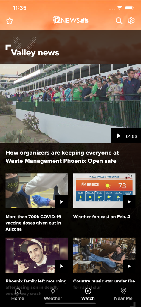 12 News KPNX Arizona - Interface of the 12 News KPNX Arizona app displaying local Valley news headlines and a seven day weather forecast