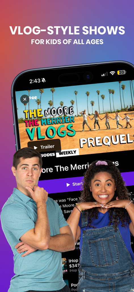 Yippee TV: Christian Kids App - Yippee TV app screen displaying vlog-style shows for Christian kids with two smiling hosts