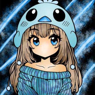 anime girl with chick shaped hat with sweater with bare shoulders with bangs covering them one eye with low tail