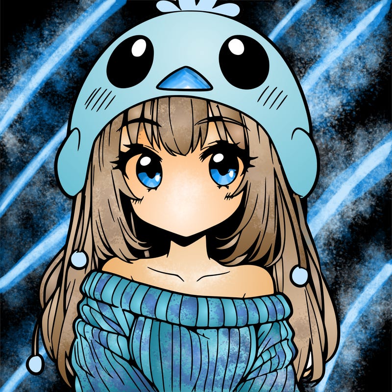 anime girl with chick shaped hat with sweater with bare shoulders with bangs covering them one eye with low tail