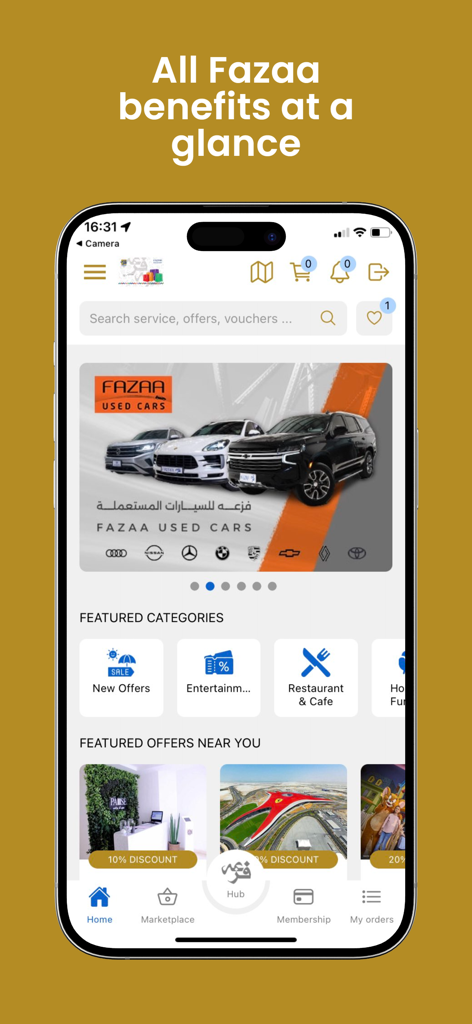 Fazaa app home screen showing lifestyle services and discount offers