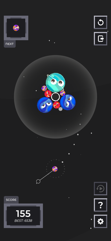 Gameplay screen of Sputnika Game showing cute planets with faces being merged in a cosmic bubble.