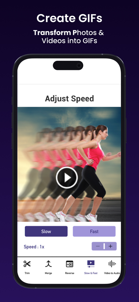 Ai Photo Retouch -Video Editor - Un'interfaccia mobile per regolare la velocità di riproduzione video con controlli di movimento lento e veloce