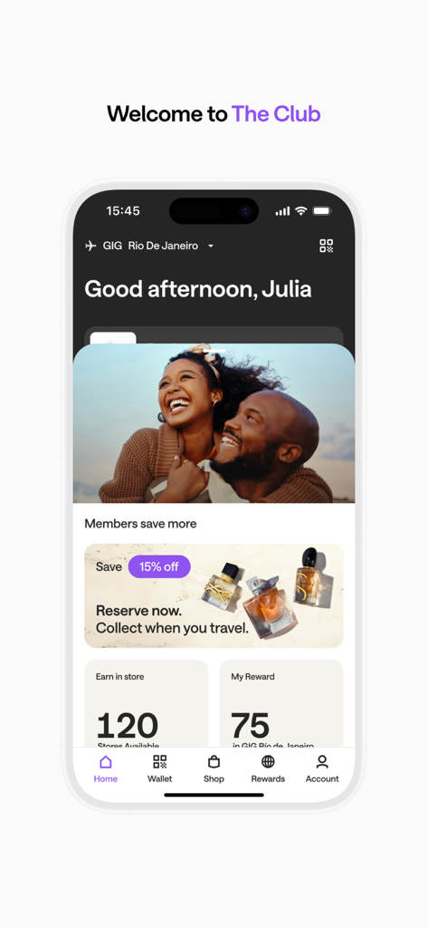 Club Avolta mobile app home screen showing member benefits travel rewards and duty free shopping offers
