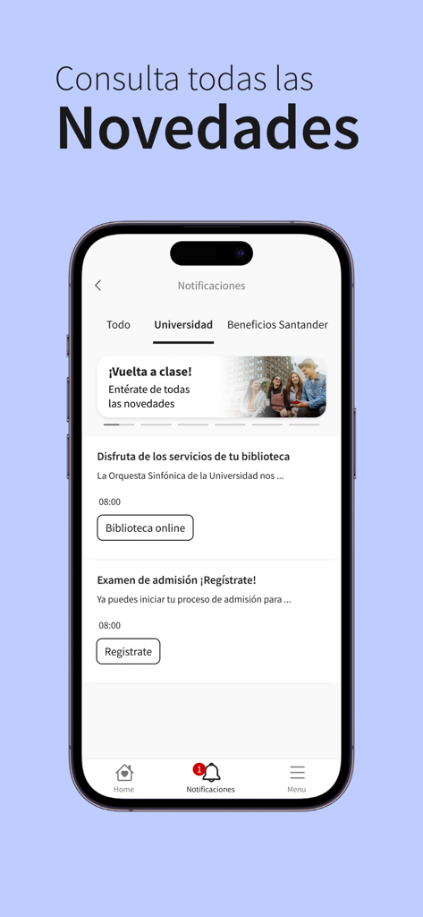Mi Campus Digital UTC - Mobile app interface showing university news notifications and library services on a smartphone