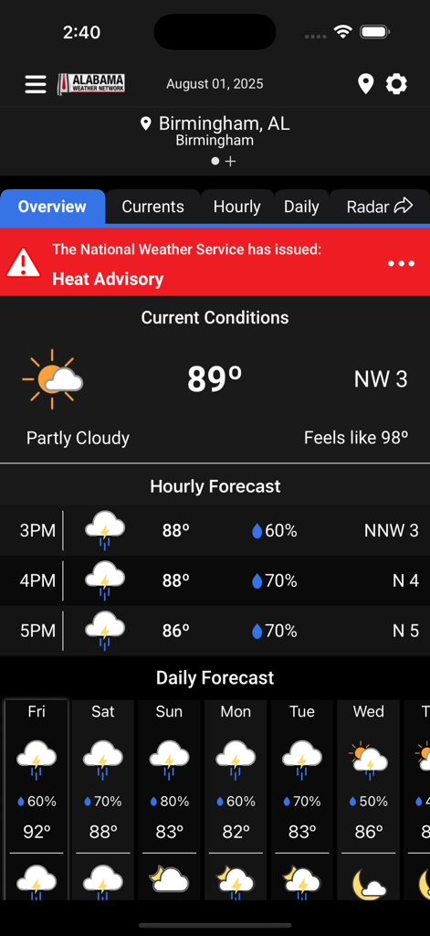 Alabama Weather Network app screen showing current weather and a heat advisory for Birmingham