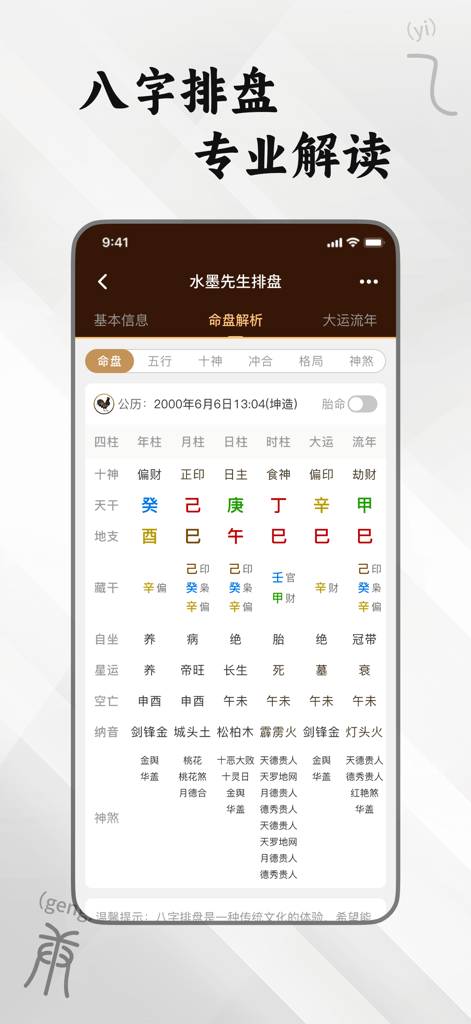 A detailed Bazi Four Pillars chart and professional interpretation screen on the Mr Ink Bazi app