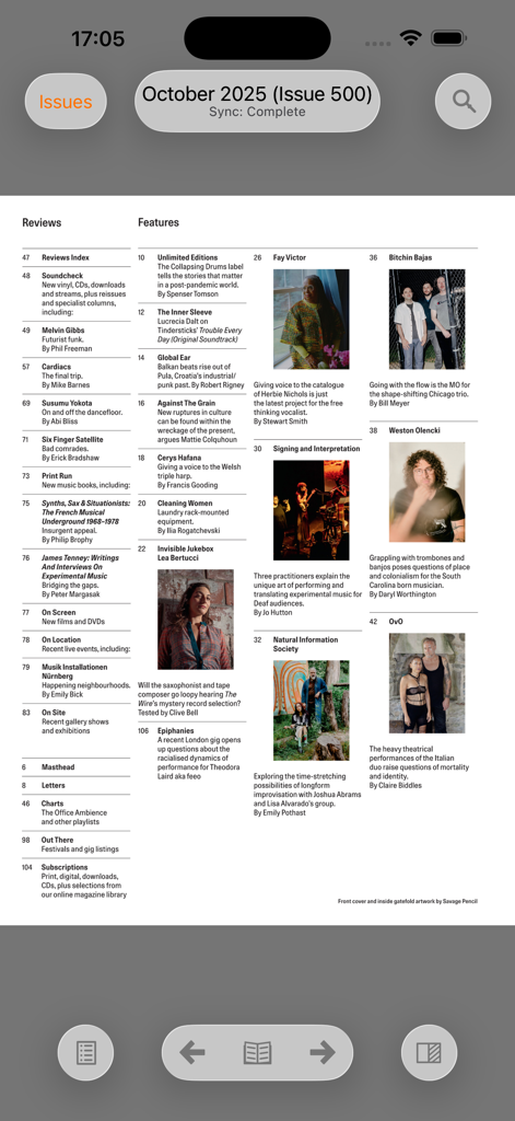 The Wire - Digitale Inhaltsseite der The Wire Magazin-App mit Musikrezensionen und Features über Avantgarde-Künstler.