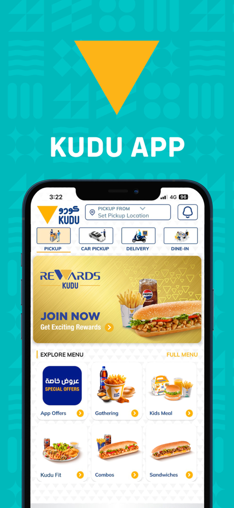 Interface de l'application Kudu Restaurant affichant les catégories de menu et les options de commande comme la livraison et le retrait.