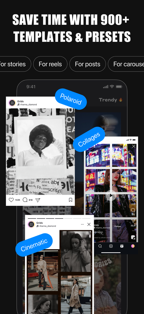 GRIDS Post maker for Instagram - Una selección de más de 900 plantillas y presets de Instagram para stories, reels y posts con estilos de collage polaroid y cinematográfico
