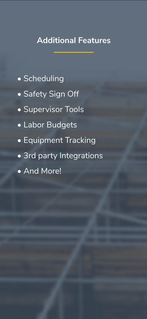 A list of additional features for the busybusy app including scheduling safety sign off and supervisor tools