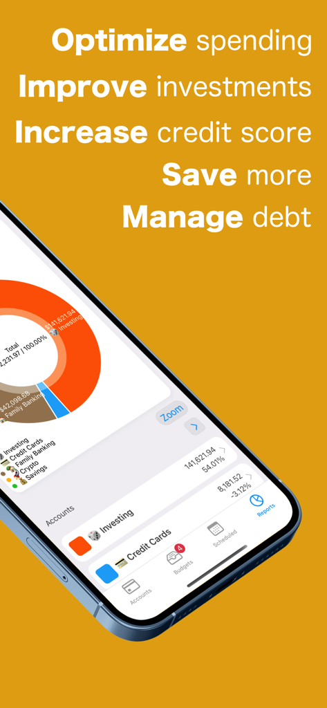 MoneyWiz 2026 Personal Finance - Interfaz de la aplicación MoneyWiz que muestra resúmenes de cuentas de inversión y tarjetas de crédito en un iPhone