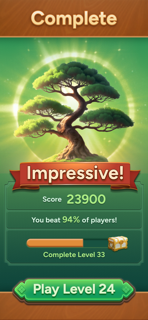 Mahjong Bloom - Pantalla de fin de nivel en Mahjong Bloom con un árbol bonsái brillante, una puntuación de 23900 y una barra de progreso hacia un cofre de recompensas.