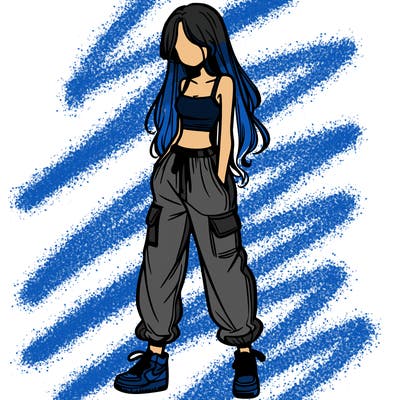 girl in baggy pants crop top and long hair