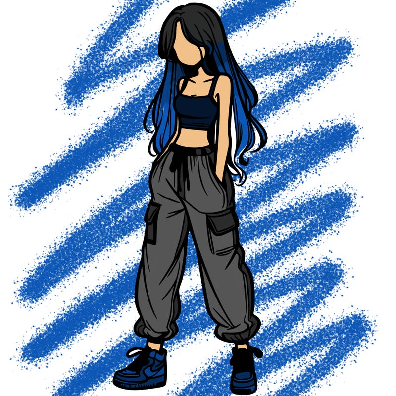 girl in baggy pants crop top and long hair