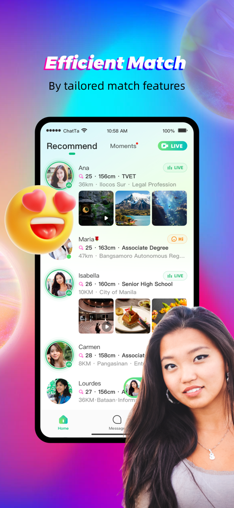 Chatta mobile app screenshot showing recommended user profiles for social discovery and matching