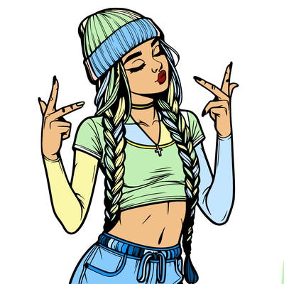 realistic teenage girl with braids and a beanie and crop top doing 🫶🏼