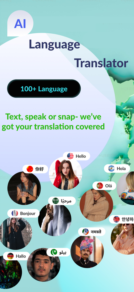 AI Translator | Voice & Photo - AI Language Translator app home screen featuring global communication and translation options.