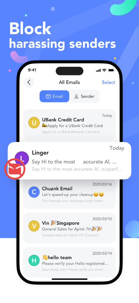 Interface de l'application Pure Master montrant la gestion des e-mails et la fonctionnalité de blocage des expéditeurs harcelants