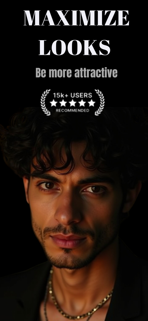 Attractiveness Test App - Capture d'écran de l'Attractiveness Test App présentant le portrait d'un homme avec le titre Maximize Looks et un badge de note utilisateur cinq étoiles