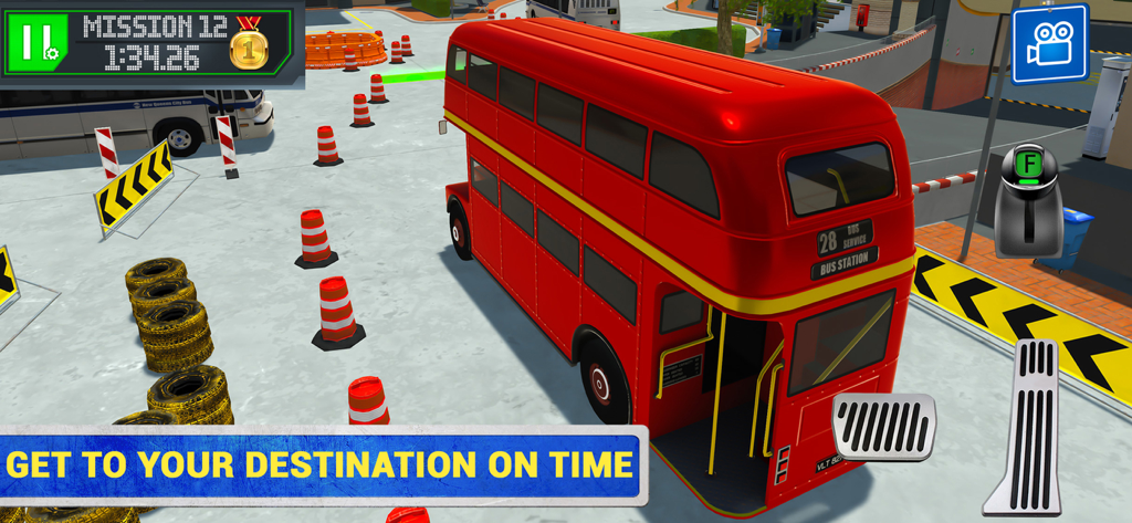 A red double decker bus navigating an obstacle course in the City Bus Driving Sim game
