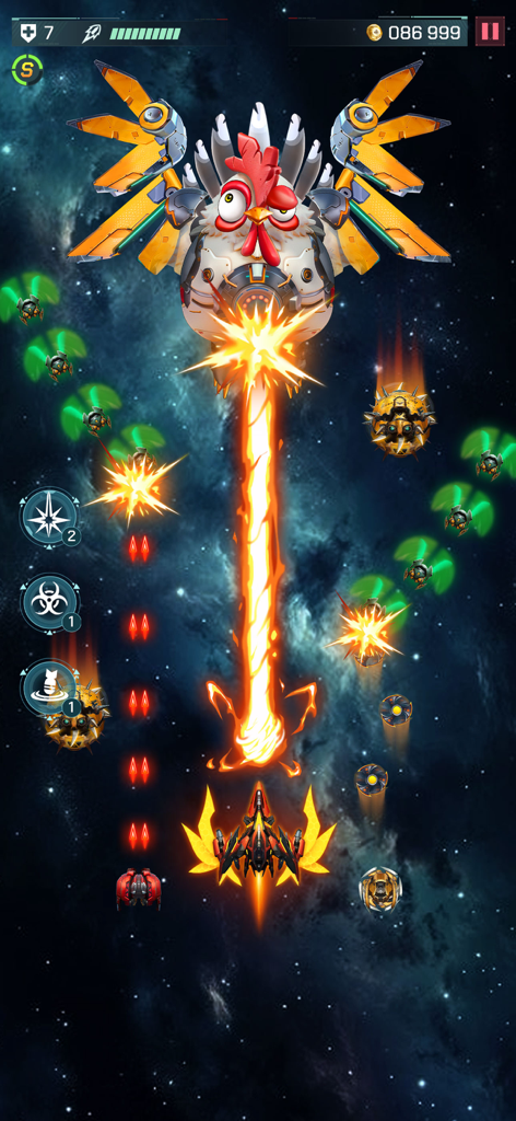 Universe Invader 2: Alien War - Player spaceship fighting a giant robotic chicken boss in space