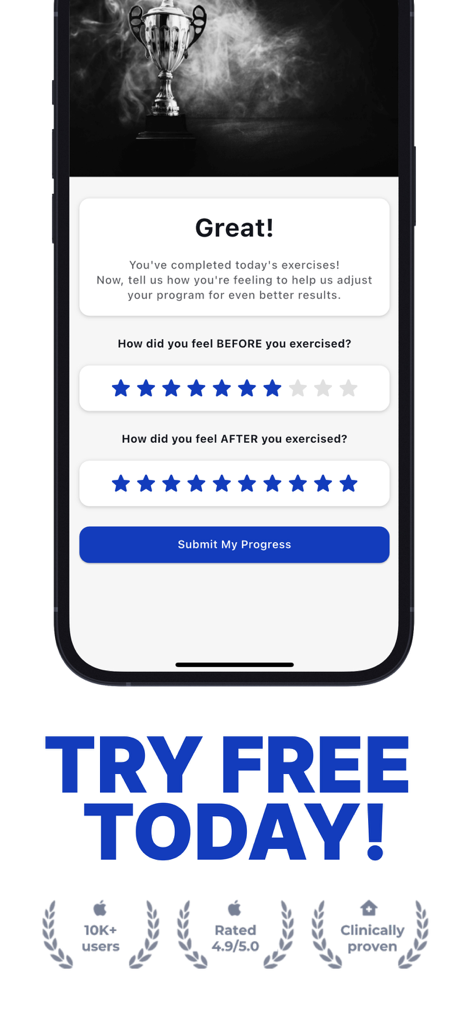 Postureletics Back Pain Relief - Postureletics mobile app screen showing a feedback survey to rate physical feelings before and after exercises